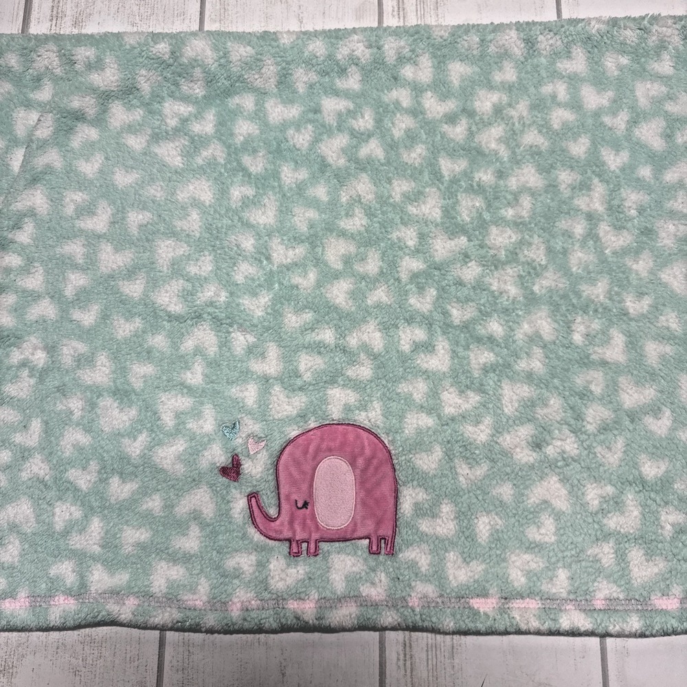 Babygear Baby Blanket Mint Green with white hearts and Pink Elephant plush